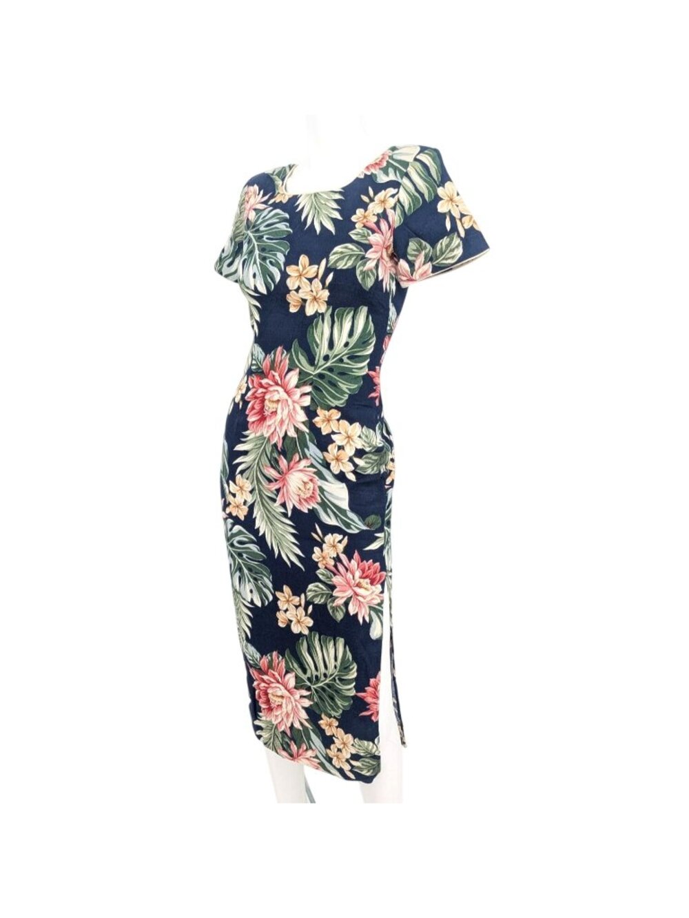 Vtg 90s Hawaiian Floral Sheath Midi Dress Tropical Coastal Fitted Slit Petite